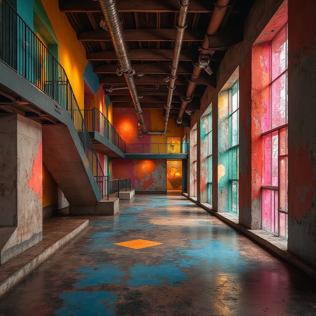 Prompt: Vibrant colored concrete walls, exposed ductwork, industrial metal beams, distressed wood accents, eclectic mix of textures, abstract geometric patterns, bold angular forms, dynamic curvaceous lines, neon-colored glass installations, edgy metallic railings, avant-garde sculptures, brutalist architecture, urban cityscape, moody atmospheric lighting, low-key shadows, 1/2 composition, close-up shot, high-contrast imagery, gritty realistic textures.