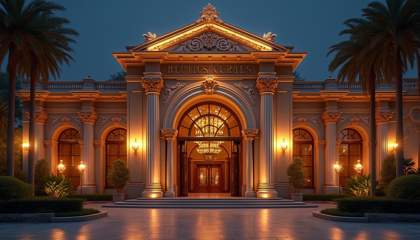 Prompt: Grand entrance, ornate details, symmetrical architecture, classical columns, majestic arches, luxurious materials, golden accents, elegant typography, sophisticated color palette, subtle gradient effects, dramatic nighttime lighting, warm ambient glow, shallow depth of field, 1/1 composition, realistic textures, ambient occlusion.