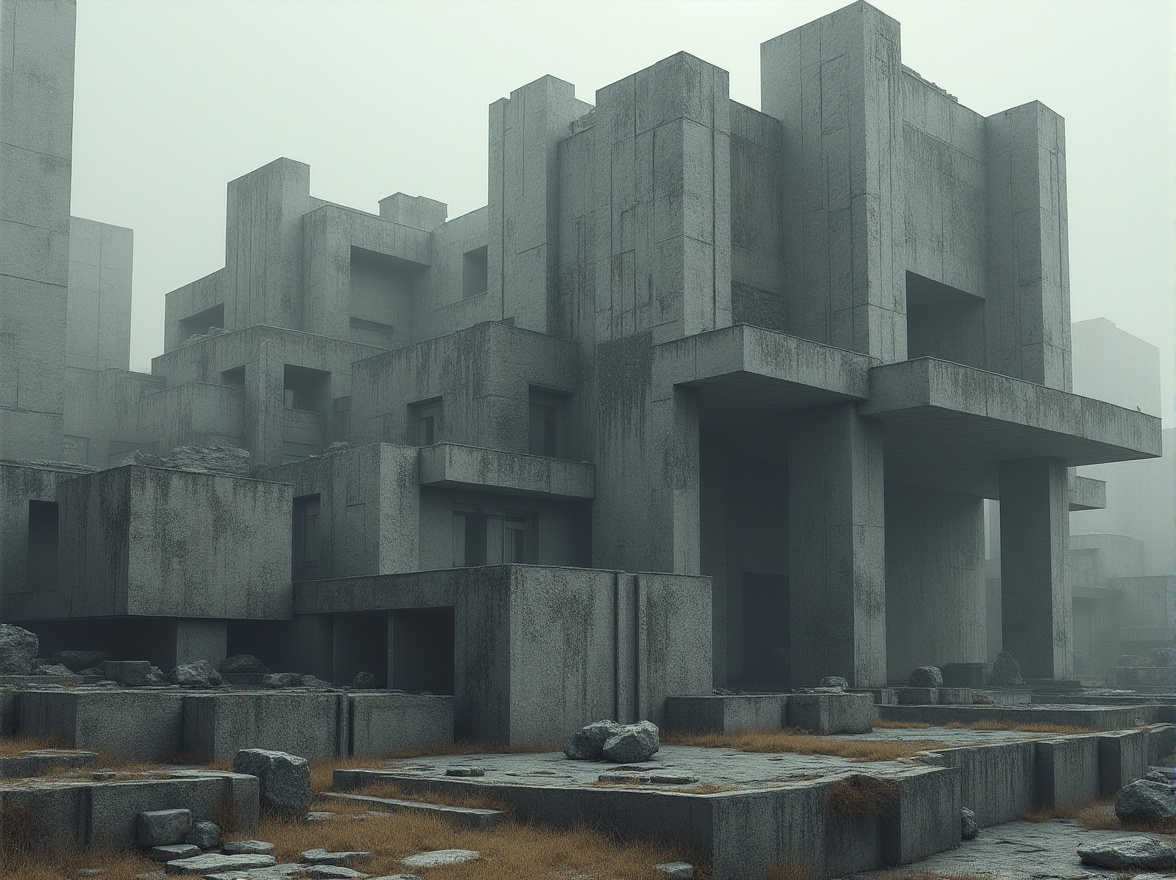 Prompt: Exterior brutalist architecture, rugged concrete textures, raw unfinished surfaces, bold geometric forms, fortress-like structures, dramatic cantilevered volumes, aggressive angular lines, industrial materials, exposed ductwork, urban cityscape, overcast sky, high-contrast lighting, deep shadows, abstract compositions, cinematic framing, gritty realistic renderings.