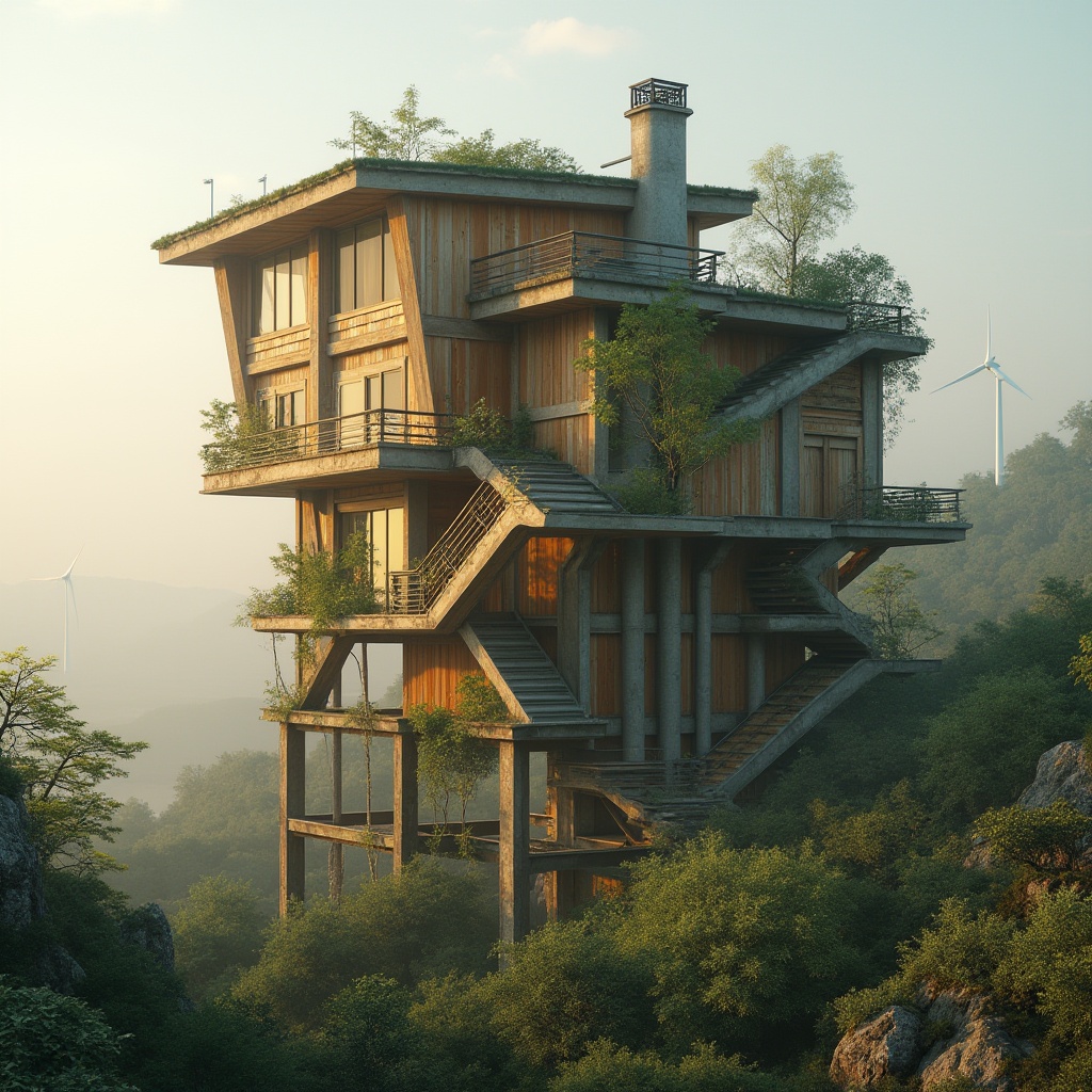 Prompt: Eco-friendly watchtower, reclaimed wood facade, living green walls, solar panels, wind turbines, rainwater harvesting systems, recycled metal beams, low-carbon concrete foundations, bamboo flooring, natural fiber insulation, energy-efficient glazing, minimalist interior design, industrial-chic aesthetic, exposed ductwork, metal latticework, panoramic views, misty morning atmosphere, warm golden lighting, shallow depth of field, 1/2 composition, cinematic perspective.