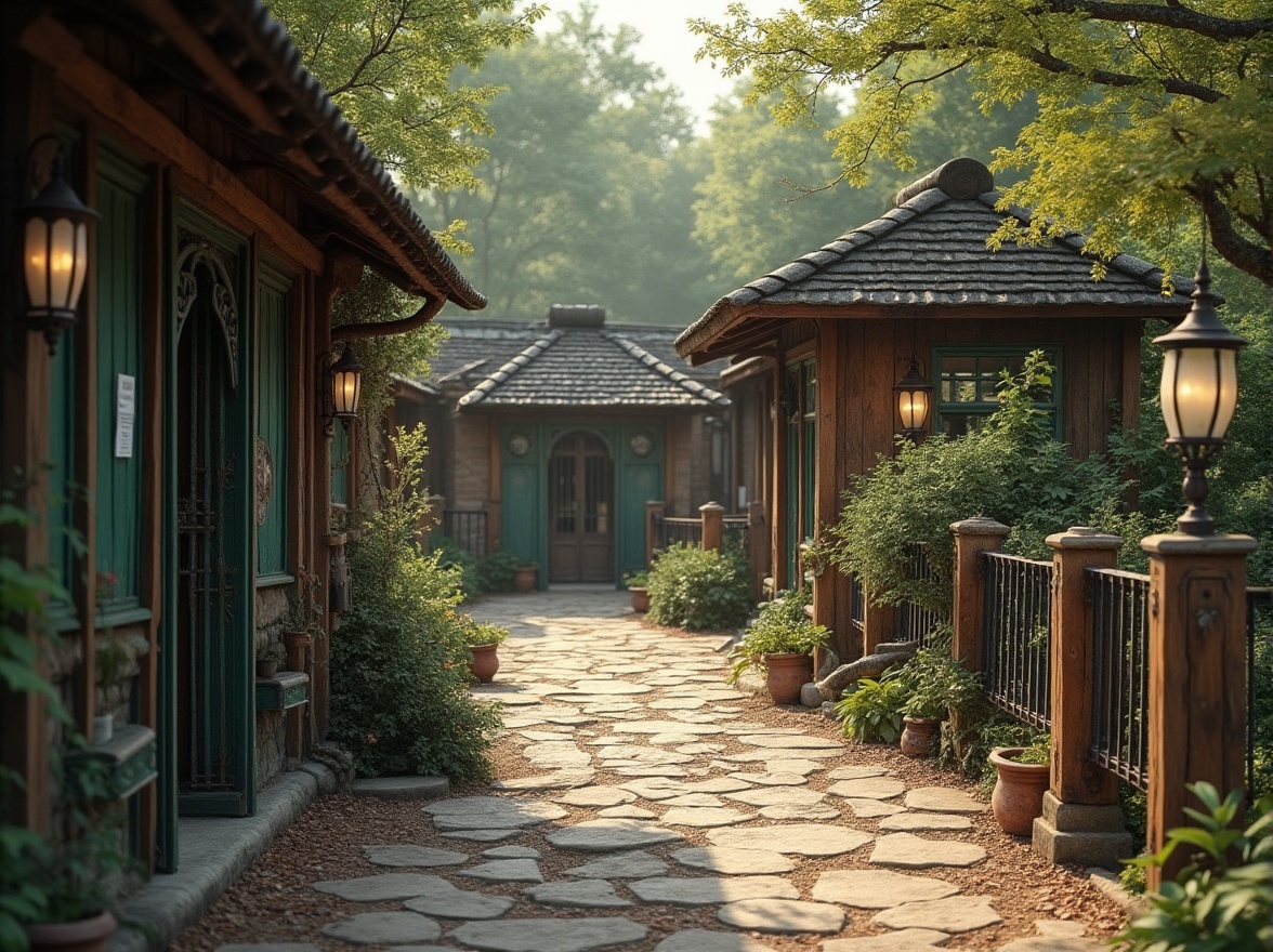 Prompt: Rustic zoo enclosures, vintage wooden fences, distressed stone walls, lush greenery, exotic foliage, ornate iron gates, intricate metalwork, classic lanterns, warm earthy tones, natural stone pathways, weathered wood textures, soft diffused lighting, shallow depth of field, 1/2 composition, realistic renderings, ambient occlusion.