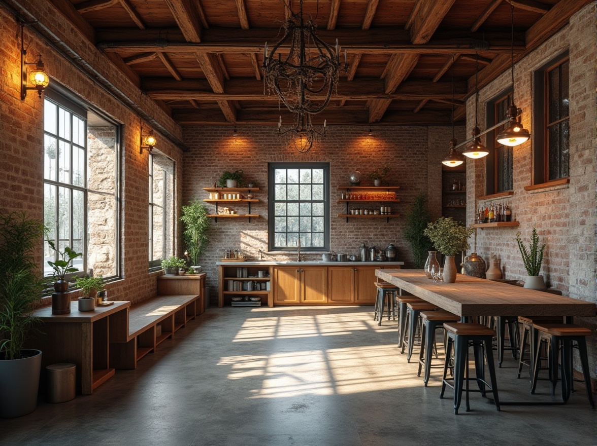 Prompt: Rustic industrial setting, reclaimed wood accents, exposed brick walls, metal beams, polished concrete floors, durable ceramic tiles, robust steel frames, weathered copper details, earthy color palette, natural light pouring in, soft warm atmosphere, shallow depth of field, 2/3 composition, realistic textures, ambient occlusion.