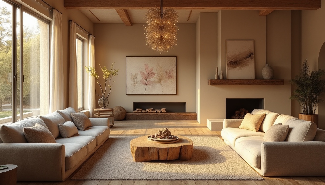 Prompt: Cozy living room, warm beige walls, plush velvet sofas, rustic wooden coffee tables, soft golden lighting, large windows, natural stone fireplaces, earthy tone color schemes, comfortable cushions, elegant chandeliers, modern minimalist decor, abstract artwork, rich textures, shallow depth of field, 1/1 composition, intimate atmosphere, relaxing ambiance.