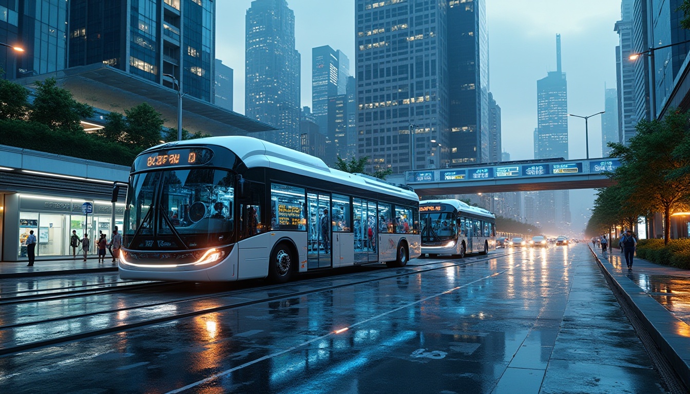 Prompt: Futuristic bus station, dynamic LED lights, sleek metallic fa\u00e7ades, angular lines, minimalist design, high-tech materials, solar panels, wind turbines, green roofs, eco-friendly infrastructure, vibrant neon colors, intricate circuit board patterns, urban cityscape, busy streets, modern skyscrapers, shallow depth of field, 1/2 composition, realistic textures, ambient occlusion.