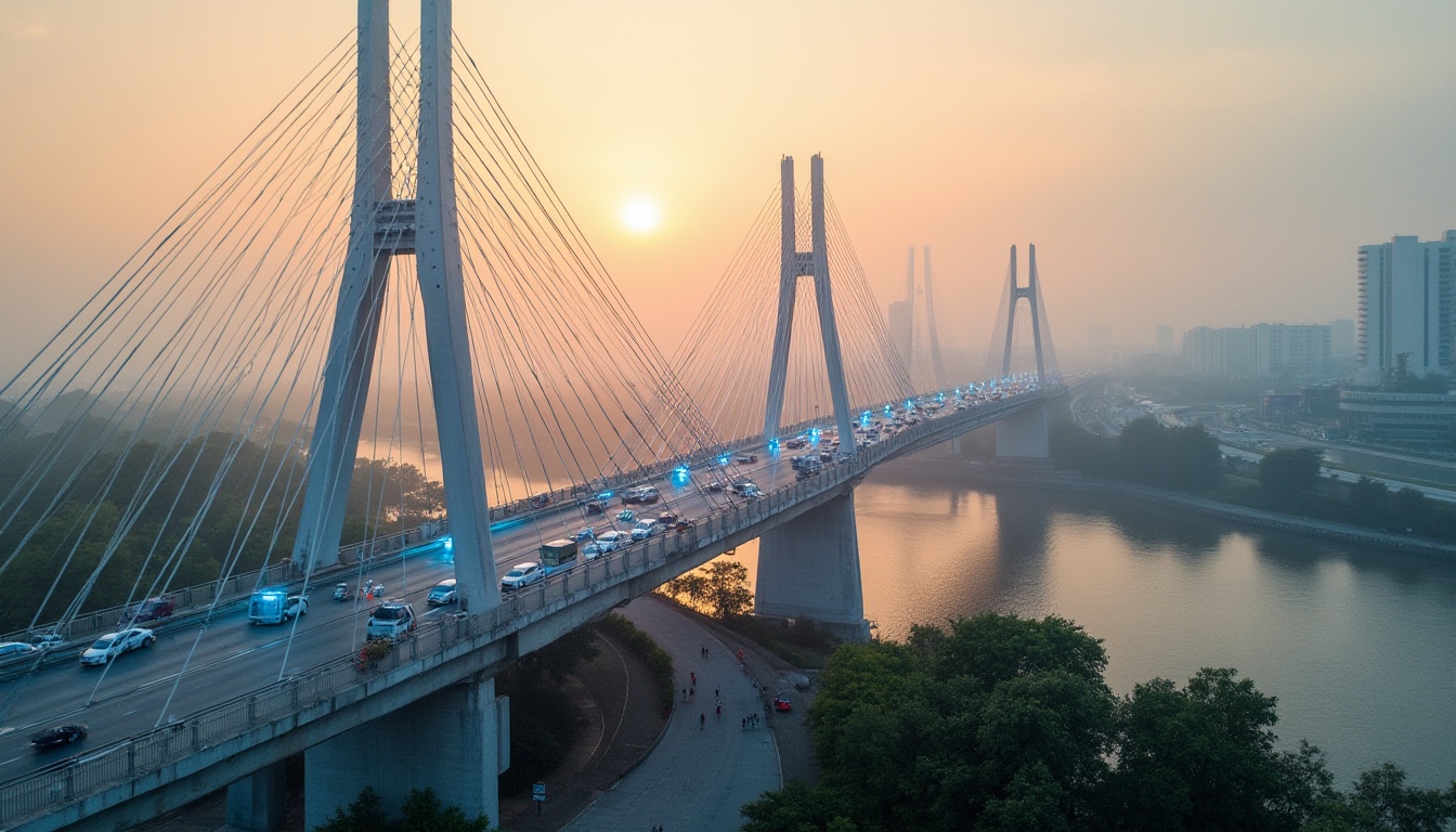 Prompt: Modern bridge, sleek steel cables, silver-gray pillars, weathered concrete piers, urban cityscape, busy highway, misty morning light, warm golden sunrise, vibrant blue accents, LED lighting strips, geometric shapes, minimalist design, functional architecture, riverbank scenery, lush greenery, natural stone walkways, pedestrian pathways, cyclists' lanes, panoramic views, shallow depth of field, 3/4 composition, realistic textures, ambient occlusion.