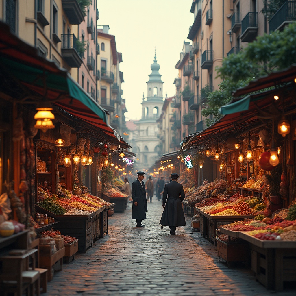 Prompt: Vibrant cityscape, eclectic market stalls, diverse cultural influences, bustling streets, ornate street lamps, colorful signage, artisanal goods, exotic spices, fresh produce, street performers, lively atmosphere, warm evening lighting, shallow depth of field, 1/2 composition, dynamic camera angles, realistic textures, ambient occlusion.