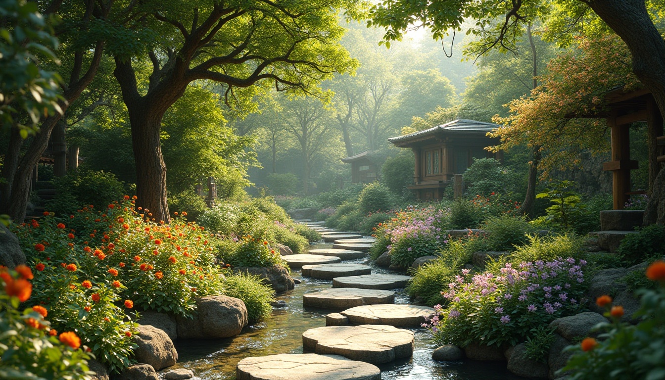 Prompt: Serene garden oasis, lush greenery, vibrant flowers, natural stone pathways, meandering streams, tranquil ponds, rustling leaves, birdsong ambiance, warm sunlight filtering, dappled shade, organic shapes, curved lines, earthy tones, weathered wood accents, blooming trees, colorful perennials, seasonal foliage changes, asymmetrical composition, soft focus blur, atmospheric perspective.