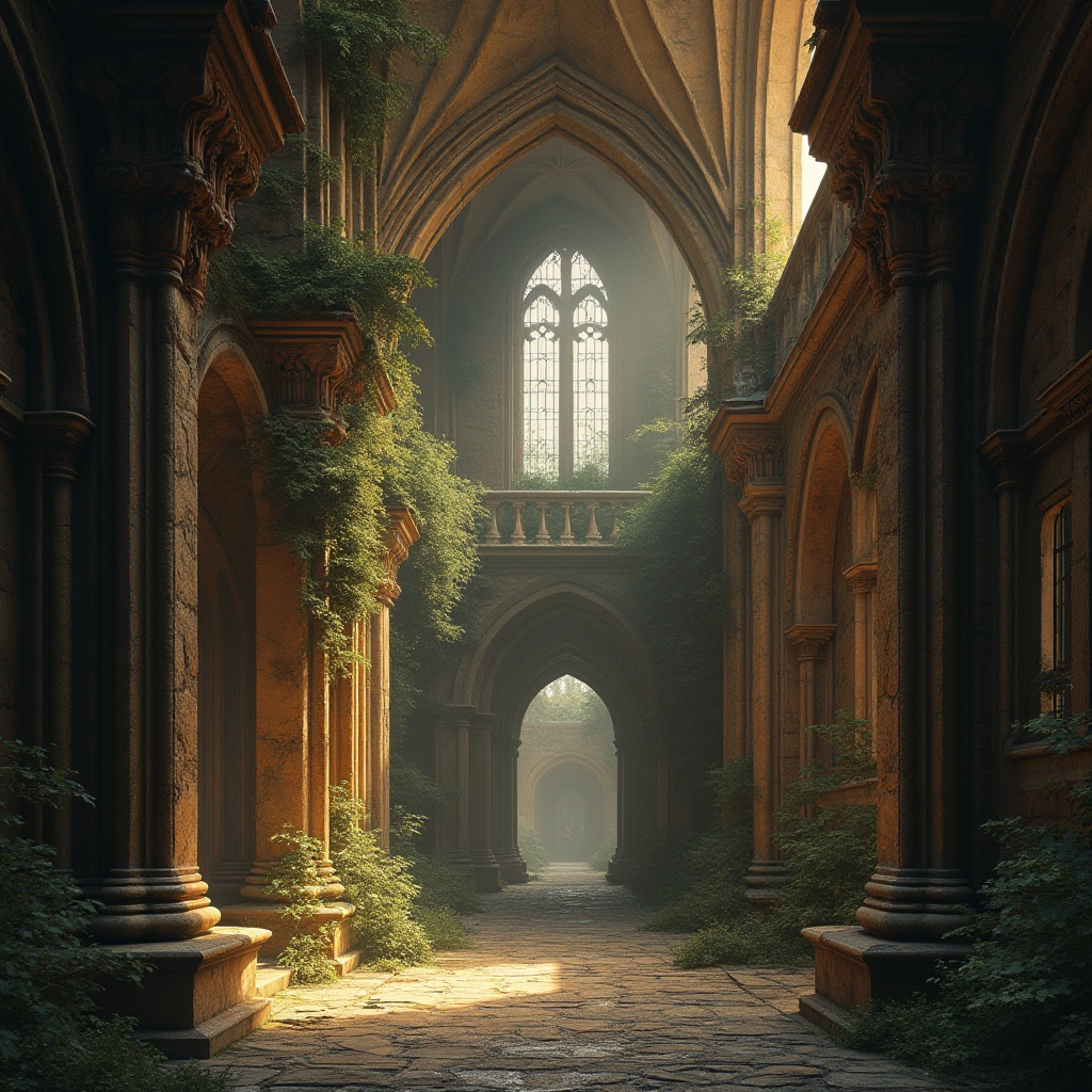 Prompt: Intricate stone carvings, ornate capitals, rounded arches, ribbed vaults, grandiose columns, rustic stonework, earthy tones, moss-covered walls, ivy-clad facades, stained glass windows, dramatic lighting, warm golden hues, rich textures, classical proportions, symmetrical composition, shallow depth of field, 2/3 perspective, atmospheric fog, mystical ambiance.