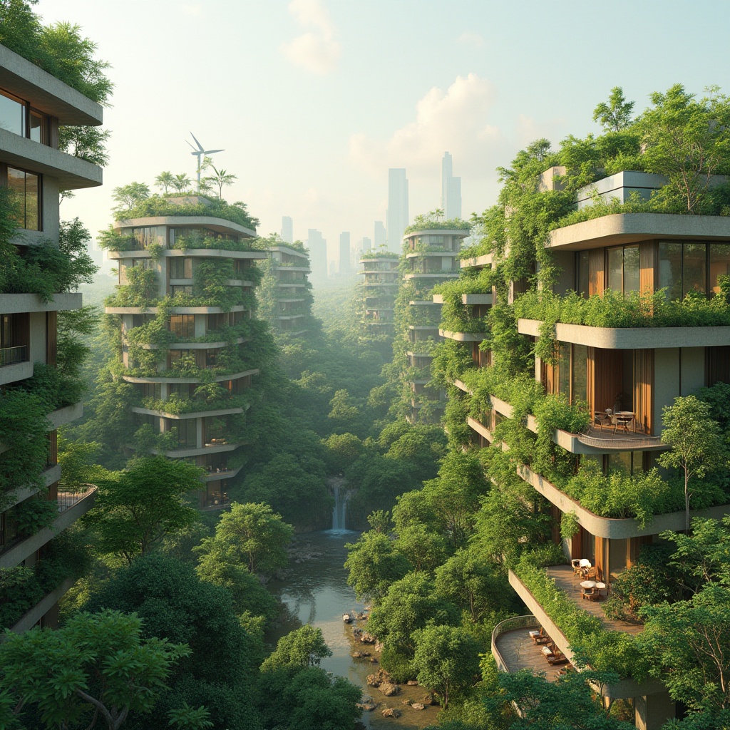 Prompt: Eco-friendly buildings, lush green roofs, vertical gardens, natural ventilation systems, solar panels, wind turbines, rainwater harvesting systems, recycled materials, low-carbon footprint, minimalist design, organic shapes, earthy color palette, tranquil atmosphere, soft natural lighting, 3/4 composition, panoramic view, realistic textures, ambient occlusion.