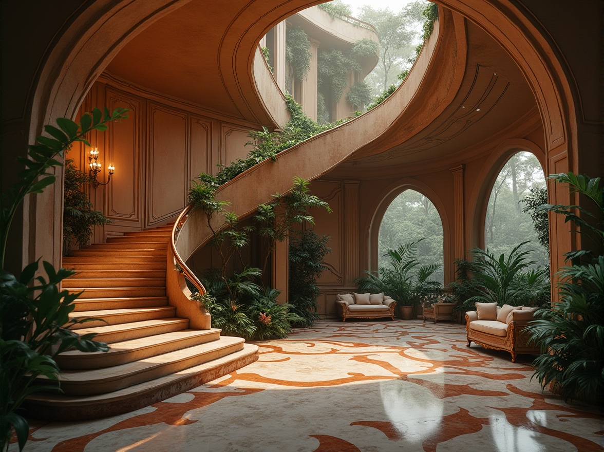 Prompt: Organic curvaceous lines, flowing shapes, undulating surfaces, ornate decorations, swirling patterns, harmonious proportions, luxurious materials, velvet smooth textures, reflective metallic accents, ambient soft lighting, 1/1 composition, intimate warm atmosphere, rich jewel tones, luscious greenery, elegant archways, sweeping staircases, grandiose entrances, opulent furnishings, refined decorative elements.