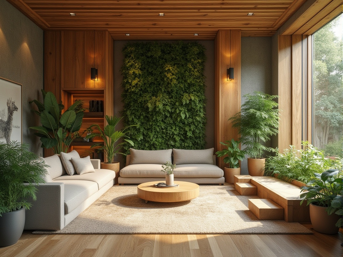 Prompt: Earthy tones, natural materials, reclaimed wood accents, living green walls, eco-friendly paints, sustainable fabrics, minimal waste design, energy-efficient lighting, soft warm glow, organic shapes, biophilic architecture, serene atmosphere, calming ambiance, earthy scent, natural ventilation systems, recycled glass surfaces, low-carbon footprint, environmentally responsible design.