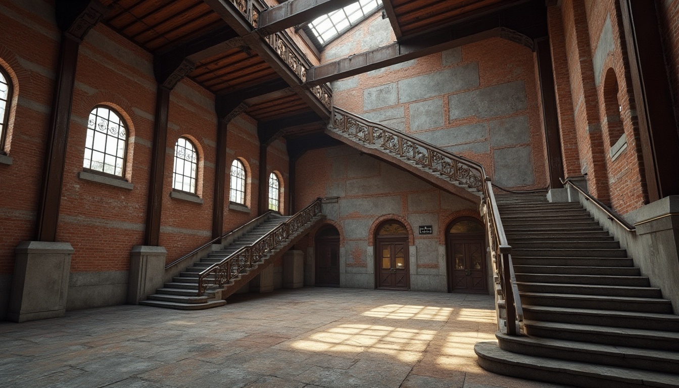 Prompt: Rustic industrial setting, exposed brick walls, steel beams, wooden pillars, concrete foundations, intricate arches, ornate columns, grand entrances, sweeping staircases, minimalist railings, industrial chic aesthetic, distressed textures, warm atmospheric lighting, shallow depth of field, 1/1 composition, realistic render, ambient occlusion.