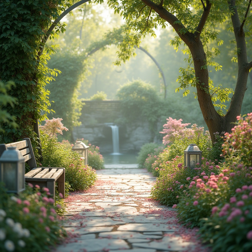 Prompt: Pastel-hued botanical garden, soft light green foliage, delicate flower petals, natural stone pathways, serene water features, elegant wooden benches, warm sunny day, gentle mist, shallow depth of field, 1/1 composition, realistic textures, ambient occlusion, lush vegetation, vibrant floral arrangements, rustic metal lanterns, whimsical garden decor.