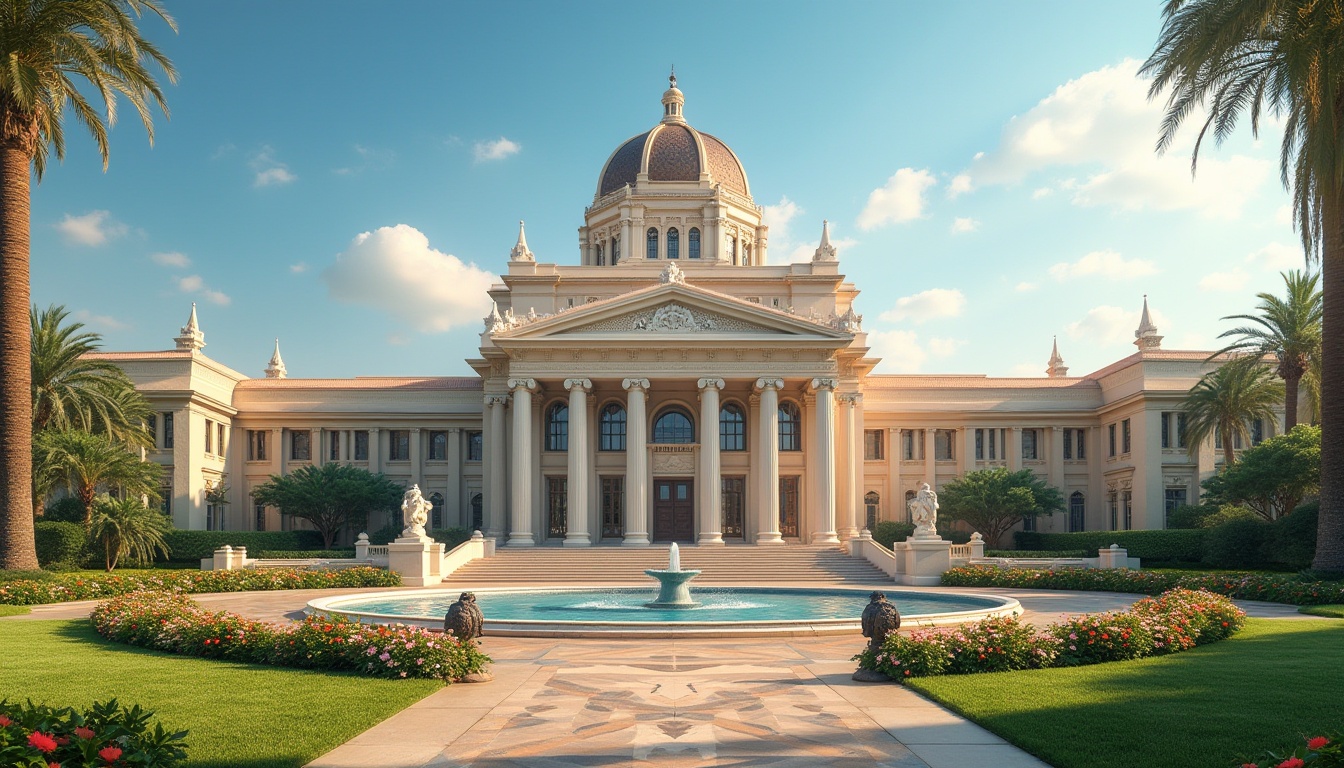 Prompt: Grandiose courthouse building, Art Deco style, ornate metalwork, symmetrical facade, geometric patterns, lush greenery, manicured lawns, vibrant flower beds, elegant fountains, grand staircases, monumental columns, bronze sculptures, warm golden lighting, shallow depth of field, 1/2 composition, realistic textures, ambient occlusion, sunny day, clear blue sky.