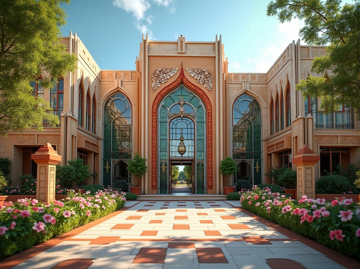 Prompt: Vibrant campus scene, art deco inspired facade, ornate geometric patterns, metallic accents, bold color schemes, symmetrical compositions, grand entrance gates, fluted columns, ornamental stone carvings, glazed ceramic tiles, intricate ironwork, lush greenery, blooming flowers, sunny day, soft warm lighting, shallow depth of field, 3/4 composition, panoramic view, realistic textures, ambient occlusion.