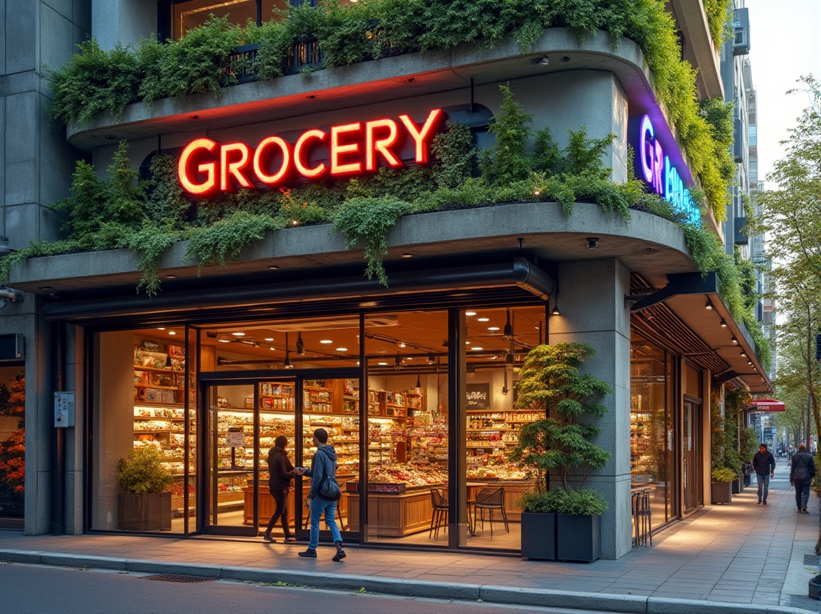 Prompt: Vibrant grocery store facade, modern LED signage, bold typography, colorful branding, sleek metal frames, large glass windows, sliding doors, natural stone bases, urban cityscape, busy streets, morning sunlight, soft warm lighting, shallow depth of field, 3/4 composition, panoramic view, realistic textures, ambient occlusion, green walls, living walls, vertical gardens, sustainable materials, energy-efficient systems, rainwater harvesting, eco-friendly design.