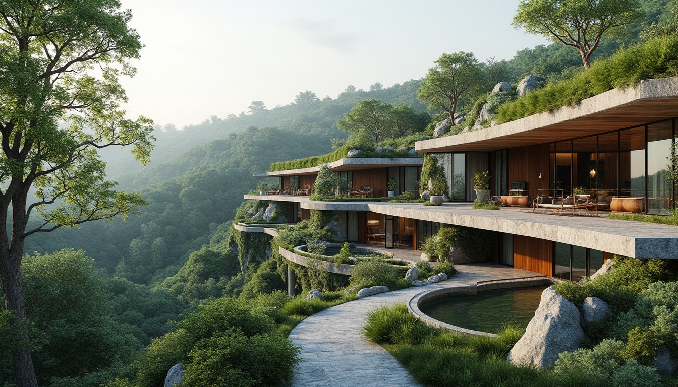 Prompt: Natural stone walls, green roofs, lush vegetation, curved lines, organic architecture, blended boundaries, outdoor living spaces, wooden decks, cantilevered structures, minimalist railings, panoramic views, seamless transitions, natural light illumination, soft shadows, 1/1 composition, atmospheric perspective, realistic textures, ambient occlusion.