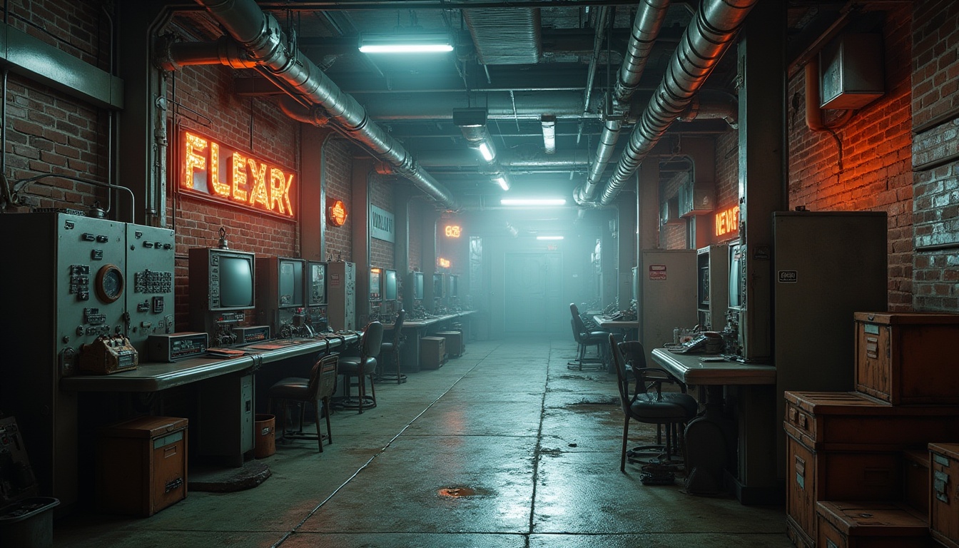 Prompt: Industrial factory setting, metallic surfaces, rusty steel beams, concrete floors, exposed brick walls, neon-lit signs, futuristic machinery, high-tech gadgets, metallic pipes, ventilation ducts, worn-out wooden crates, distressed leather textures, retro-futuristic control panels, old computer monitors, flickering fluorescent lights, dense fog atmosphere, cinematic lighting, 1/1 composition, symmetrical framing, realistic reflections, ambient occlusion.