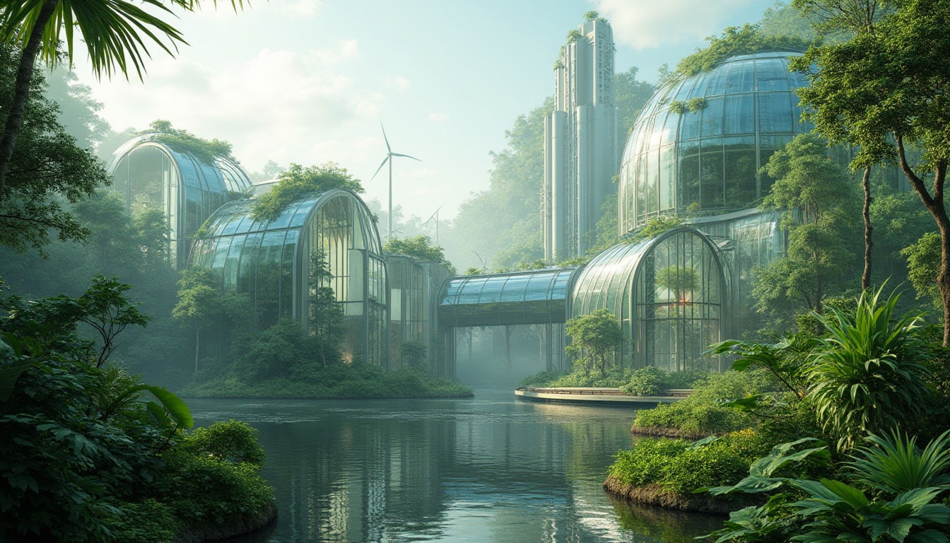 Prompt: Futuristic greenhouse, lush tropical plants, misty atmosphere, sleek curved lines, iridescent glass facades, solar panels, wind turbines, rainwater harvesting systems, green roofs, living walls, eco-friendly materials, innovative climate control technologies, automated irrigation systems, soft natural lighting, shallow depth of field, 3/4 composition, panoramic view, realistic textures, ambient occlusion.