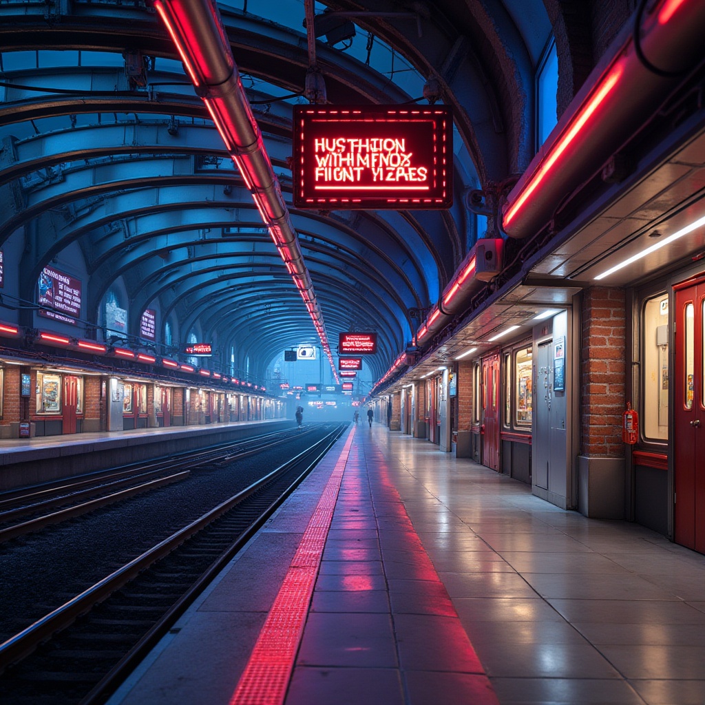 Prompt: Vibrant train station, urban cityscape, bustling atmosphere, modern architecture, curved lines, bold colors, neon lights, dynamic patterns, metallic textures, industrial materials, exposed brick walls, polished concrete floors, stainless steel accents, LED signage, futuristic details, high-contrast lighting, dramatic shadows, cinematic composition, 1/2 frame ratio, shallow depth of field, vivid color grading.