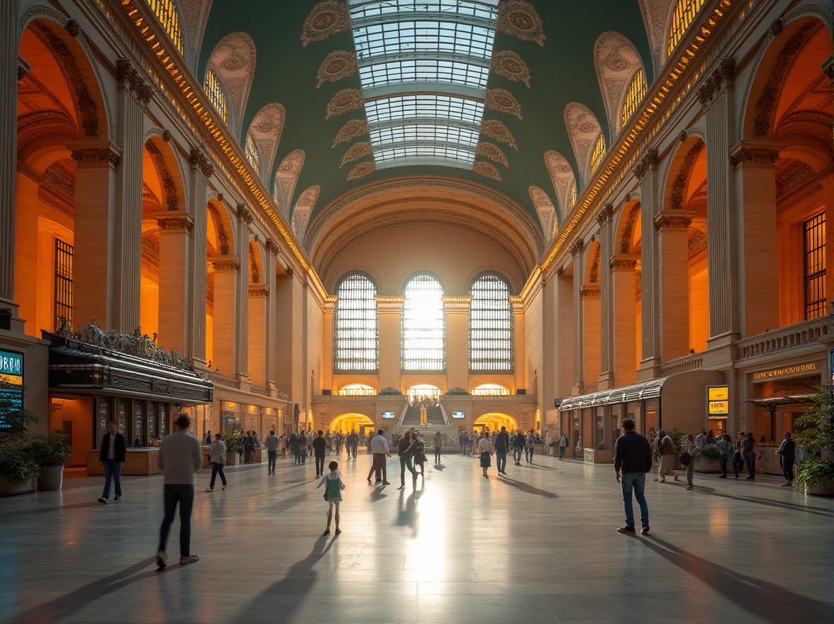 Prompt: Grandiose train station, ornate columns, symmetrical fa\u00e7ade, marble flooring, vaulted ceilings, intricate moldings, ornamental railings, majestic statues, lush greenery, natural light pouring through skylights, warm golden lighting, shallow depth of field, 1/1 composition, central axis symmetry, realistic textures, ambient occlusion, bustling urban atmosphere, vibrant cityscape, dynamic pedestrian flow, modern transportation systems, sleek trains, efficient infrastructure, busy commercial activities.