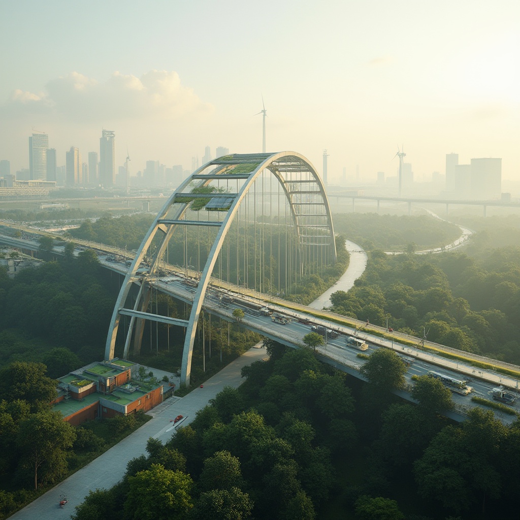 Prompt: Eco-friendly bridge structure, curved steel arches, green roofs, solar panels, wind turbines, water conservation systems, recycled materials, minimalist design, angular lines, modern architecture, urban landscape, city skyline, misty morning, soft warm lighting, shallow depth of field, 3/4 composition, panoramic view, realistic textures, ambient occlusion.