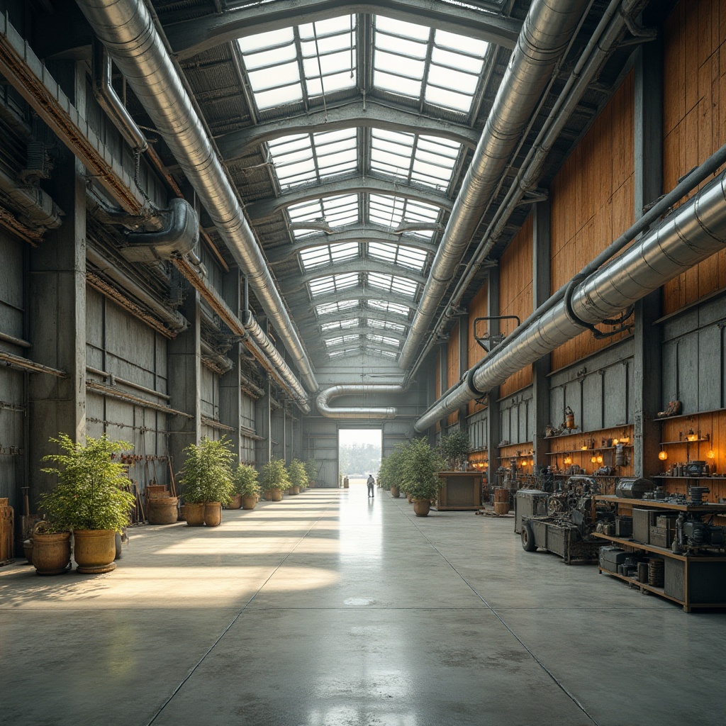 Prompt: Industrial factory, exposed ductwork, polished concrete floors, reclaimed wood accents, natural ventilation systems, large skylights, solar panels, green roofs, eco-friendly cladding materials, recycled metal structures, minimalist design, functional simplicity, neutral color palette, ambient occlusion, soft warm lighting, shallow depth of field, 3/4 composition, panoramic view.