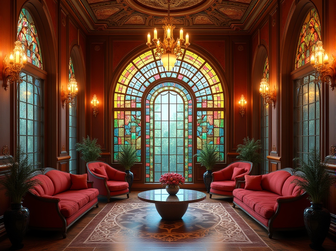 Prompt: Luxurious art deco interior, vibrant stained glass windows, geometric patterns, kaleidoscope colors, ornate metal frames, intricate details, symmetrical compositions, opulent chandeliers, lavish furnishings, rich textiles, velvety drapes, golden accents, soft warm lighting, shallow depth of field, 1/1 composition, realistic reflections, ambient occlusion.