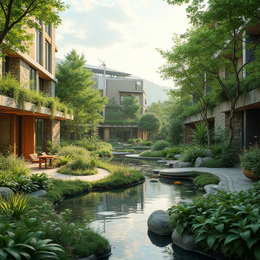 Prompt: Sustainable landscape, lush greenery, native plants, meandering water features, organic shapes, eco-friendly materials, renewable energy systems, solar panels, wind turbines, rainwater harvesting, grey infrastructure, permeable pavements, biodiverse habitats, natural stone walls, reclaimed wood accents, minimalist design, functional outdoor spaces, shaded areas, soft warm lighting, 1/2 composition, natural textures, ambient occlusion.