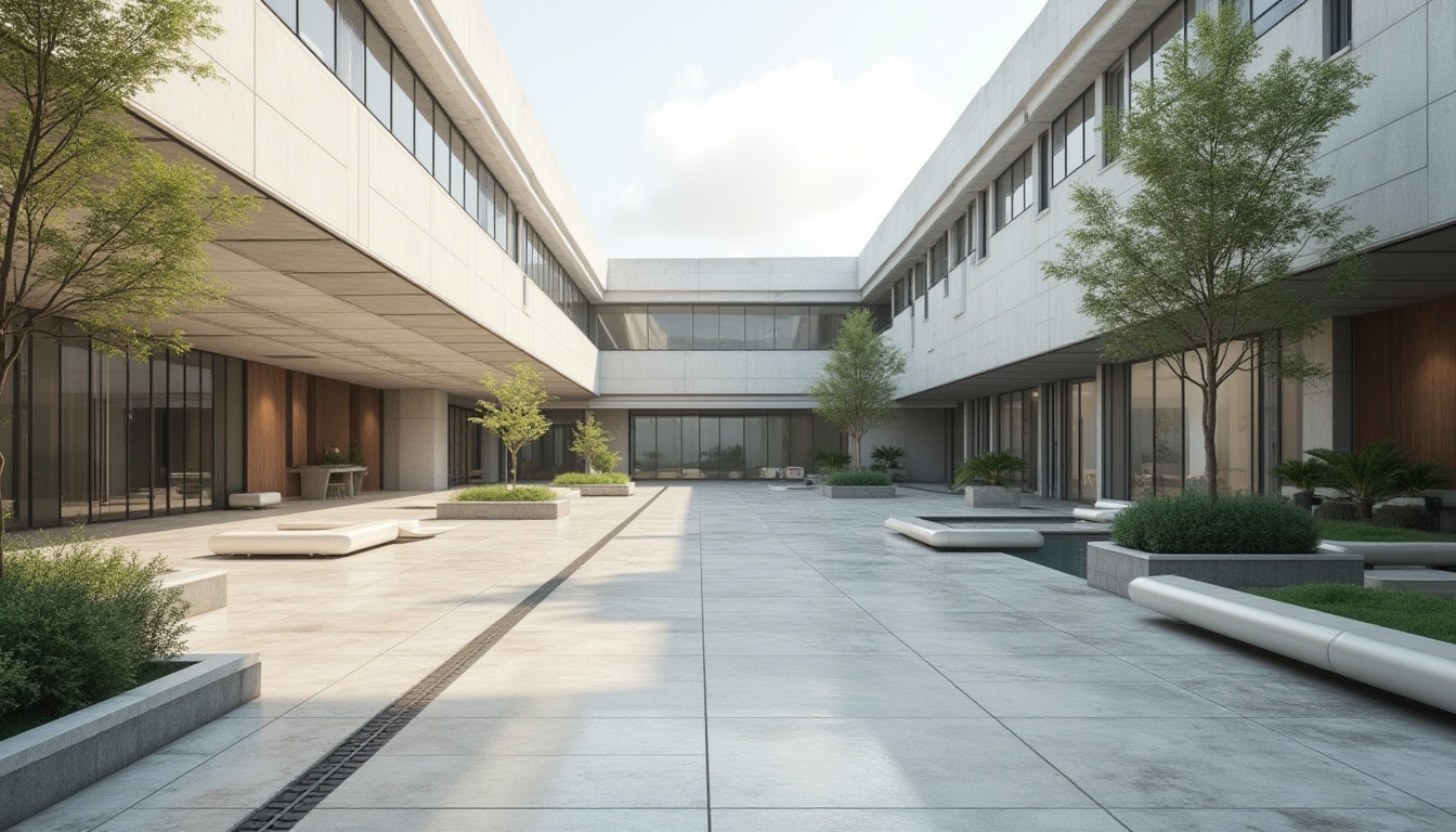 Prompt: Minimalist hospital courtyard, clean lines, rectangular shapes, functional planters, modern benches, sparse greenery, industrial-style lighting, neutral color palette, concrete walkways, geometric-patterned flooring, minimalist sculptures, angular architecture, large windows, natural light, open spaces, simple water features, subtle textures, soft shadows, 1/1 composition, realistic render, ambient occlusion.