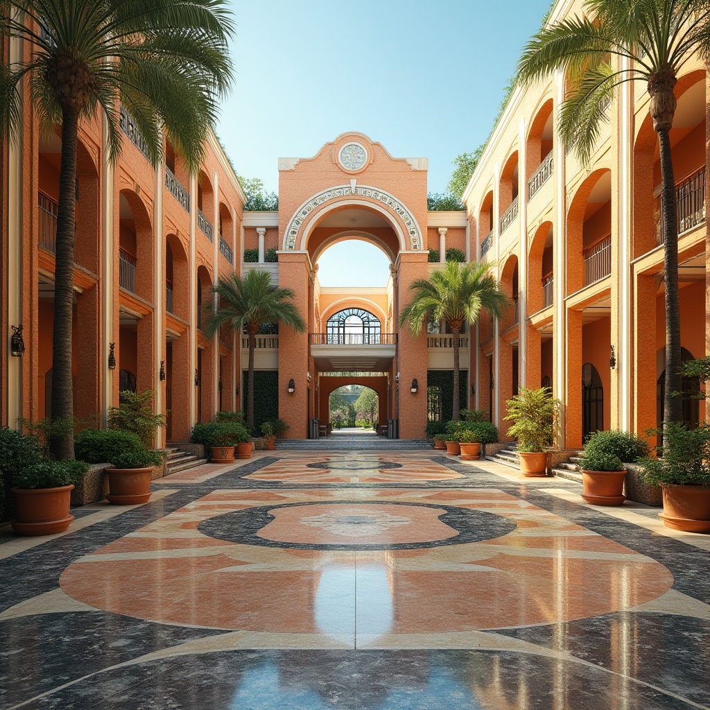 Prompt: Vibrant campus courtyard, ornate Art Deco fa\u00e7ades, geometric patterns, metallic accents, grand entrance archways, symmetrical compositions, luxurious materials, polished marble floors, intricate mosaics, bold color schemes, ornamental metalwork, decorative balconies, curved lines, eclectic mix of modernity and nostalgia, sunny day, warm soft lighting, shallow depth of field, 1/1 composition, realistic textures, ambient occlusion.