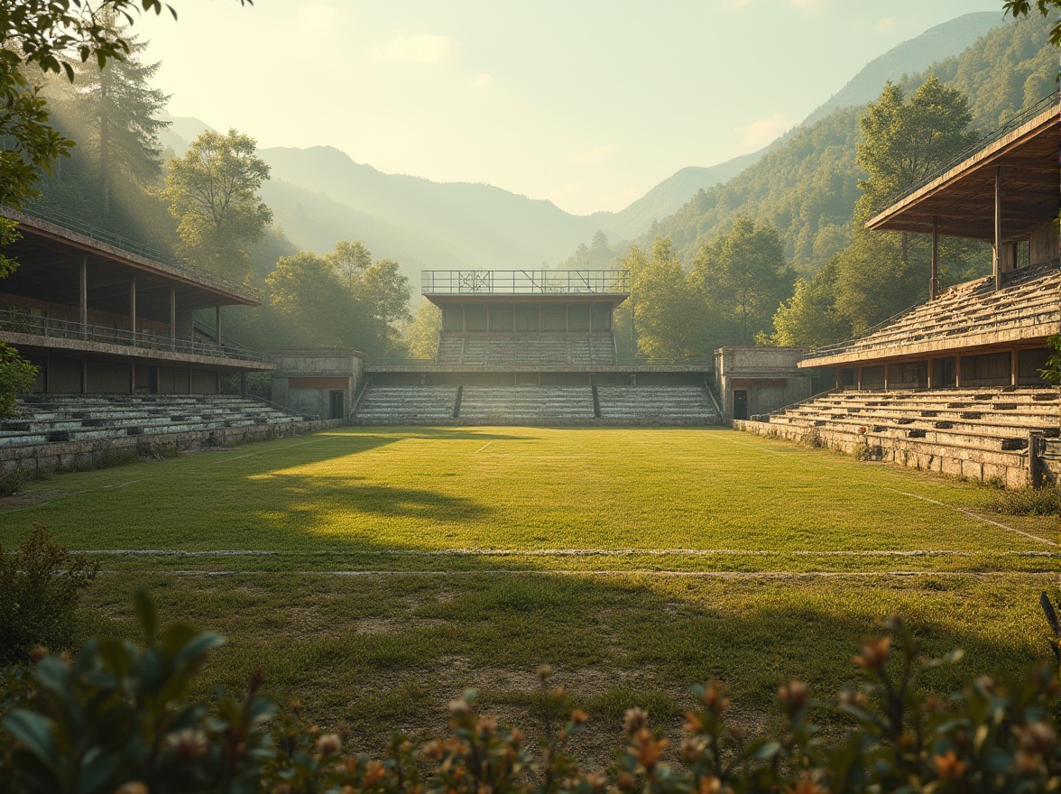 Prompt: Rustic sports fields, natural grass, weathered stone walls, distressed wood fences, vintage metal goalposts, earthy color palette, rough-textured gravel paths, worn-out scoreboard, classic stadium seating, nostalgic ambiance, warm afternoon sunlight, soft focus, 1/2 composition, symmetrical framing, realistic grass textures, ambient occlusion.