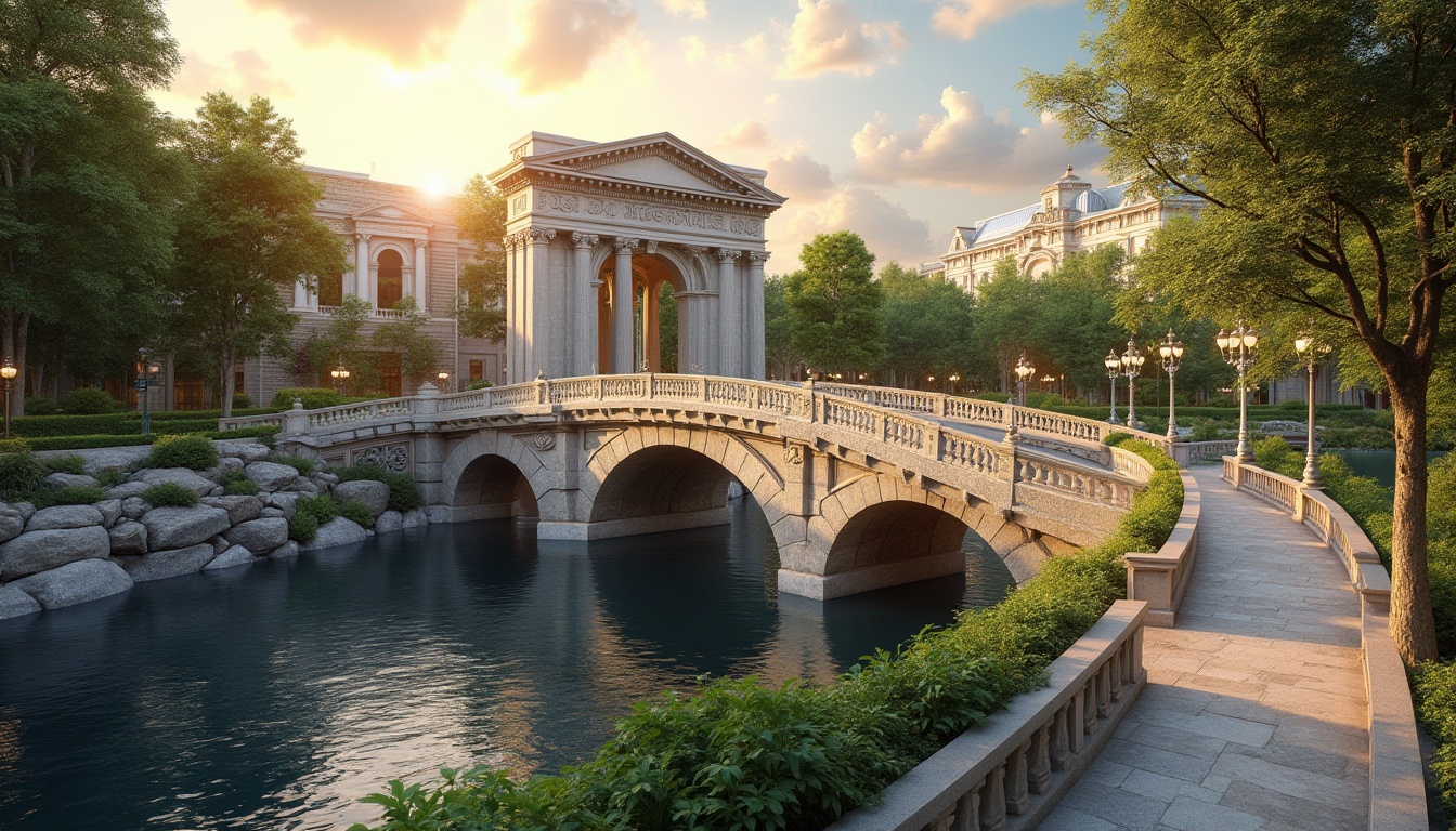 Prompt: Elegant neoclassical bridge, ornate stone arches, rusticated pillars, grand pedestrian walkways, lush greenery, solar-powered lighting systems, rainwater harvesting infrastructure, energy-efficient streetlights, recycled metal railings, FSC-certified wooden accents, low-maintenance landscaping, permeable pavement, stormwater management systems, eco-friendly concrete mixtures, wind-resistant design, 1/2 composition, symmetrical framing, warm golden hour lighting, soft focus blur, realistic stone textures, ambient occlusion.