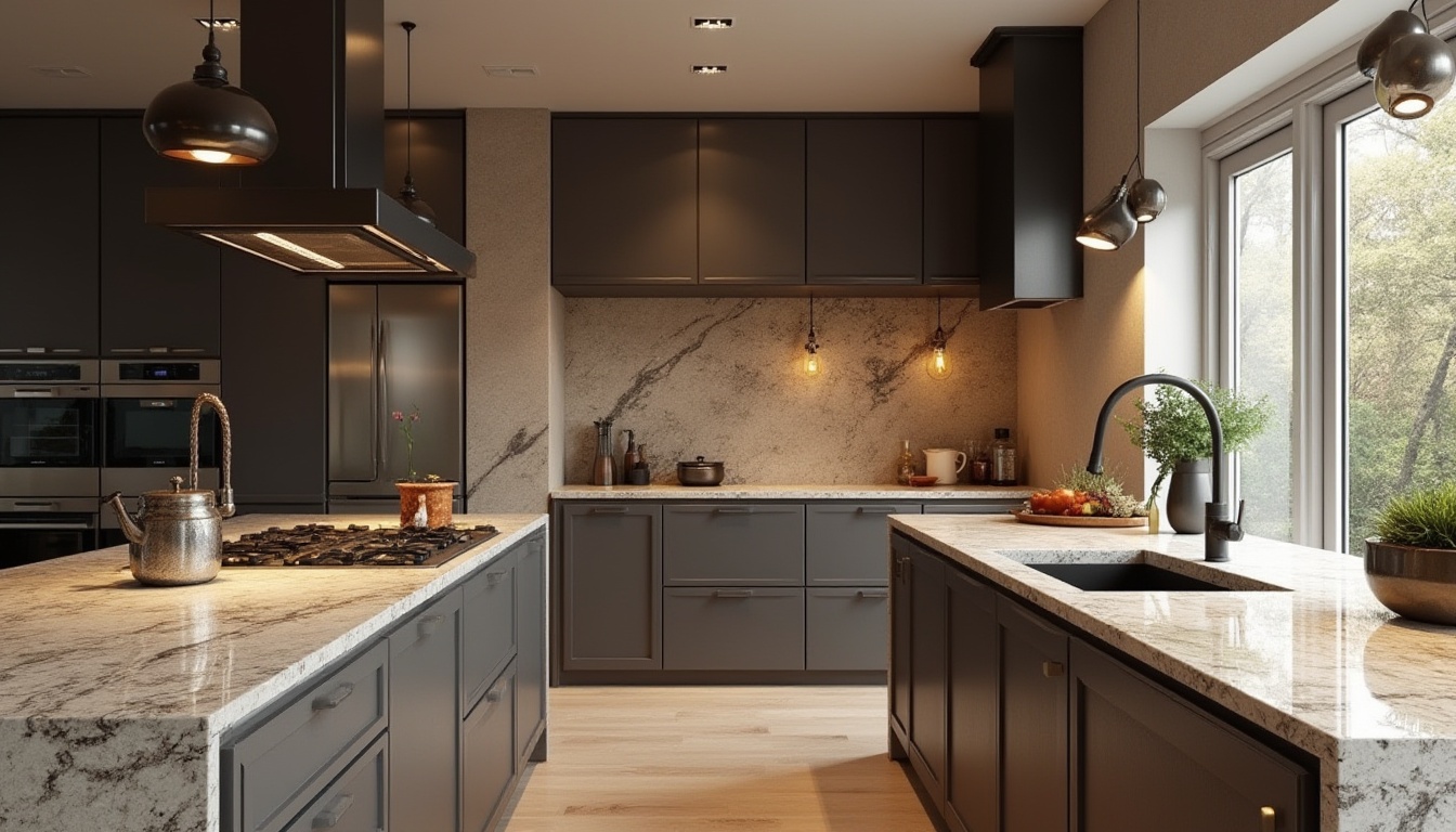 Prompt: Luxurious interior space, granite countertops, high-polish finish, earthy tone, natural texture, durability emphasis, sophisticated style, modern kitchen design, sleek cabinetry, stainless steel appliances, pendant lighting, neutral color palette, subtle pattern variation, matte black fixtures, ambient soft lighting, shallow depth of field, 1/1 composition, realistic render.