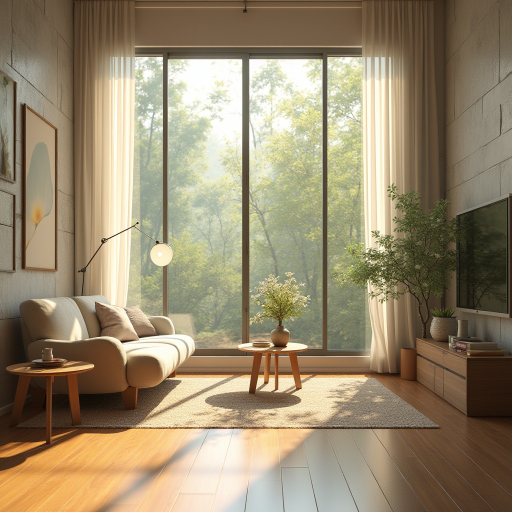 Prompt: Vibrant living room, floor-to-ceiling windows, soft warm daylight, sheer curtains, minimal shading devices, bright airy atmosphere, natural stone walls, wooden flooring, modern furniture, greenery views, blooming flowers, morning sunlight, gentle shadows, 1/1 composition, realistic textures, ambient occlusion.