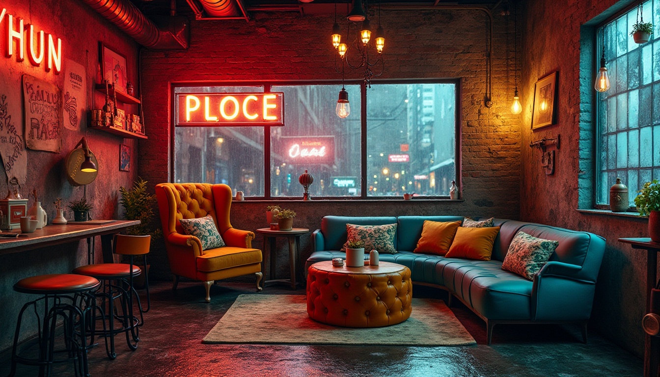 Prompt: Vibrant color palette, bold typography, eclectic furniture, mismatched patterns, distressed textures, industrial materials, exposed brick walls, metallic accents, neon signs, playful graffiti, urban cityscape, rainy day, soft focus, shallow depth of field, 1/1 composition, dramatic lighting, high contrast ratio.