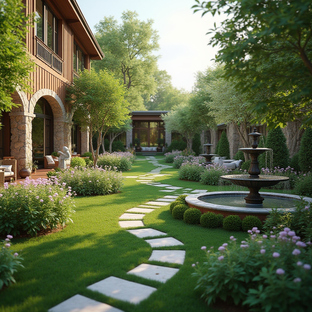 Prompt: Lush greenery, vibrant flowers, manicured lawns, meandering pathways, ornamental fountains, sculptures, statement trees, blooming gardens, natural stone walls, rustic wooden fences, modern outdoor furniture, comfortable seating areas, warm ambiance, soft evening lighting, shallow depth of field, 3/4 composition, panoramic view, realistic textures, ambient occlusion.