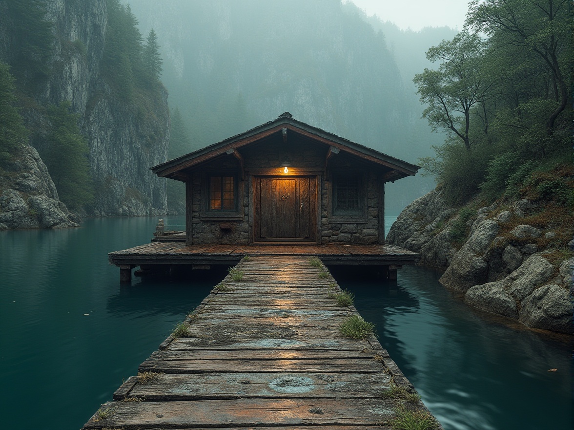 Prompt: Rustic boathouse, brutalist architecture, rough-hewn stone walls, weathered wooden docks, corrugated metal roofs, distressed concrete floors, rugged natural surroundings, misty lake waters, overgrown vegetation, moss-covered stones, worn wooden planks, industrial-style lighting, raw concrete textures, dramatic shadows, high-contrast photography, moody atmospheric lighting, 1/2 composition, symmetrical framing, gritty realistic renderings.