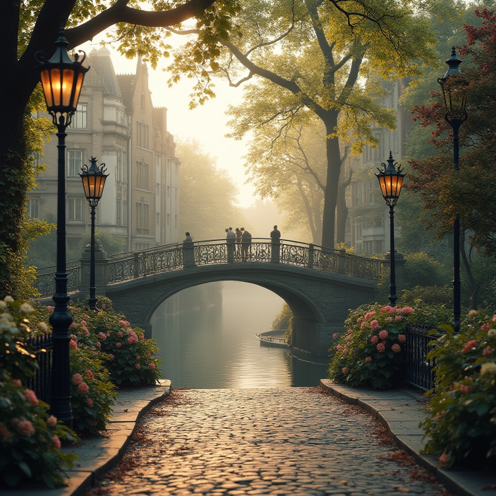 Prompt: Vintage iron bridges, ornate lamp posts, cobblestone roads, lush greenery, blooming flowers, serene water reflections, misty mornings, warm golden lighting, soft focus, 1/2 composition, symmetrical framing, romantic European-inspired architecture, curved lines, grand arches, intricate stonework, rustic wooden accents, weathered metal details, atmospheric perspective, urban cityscape integration.