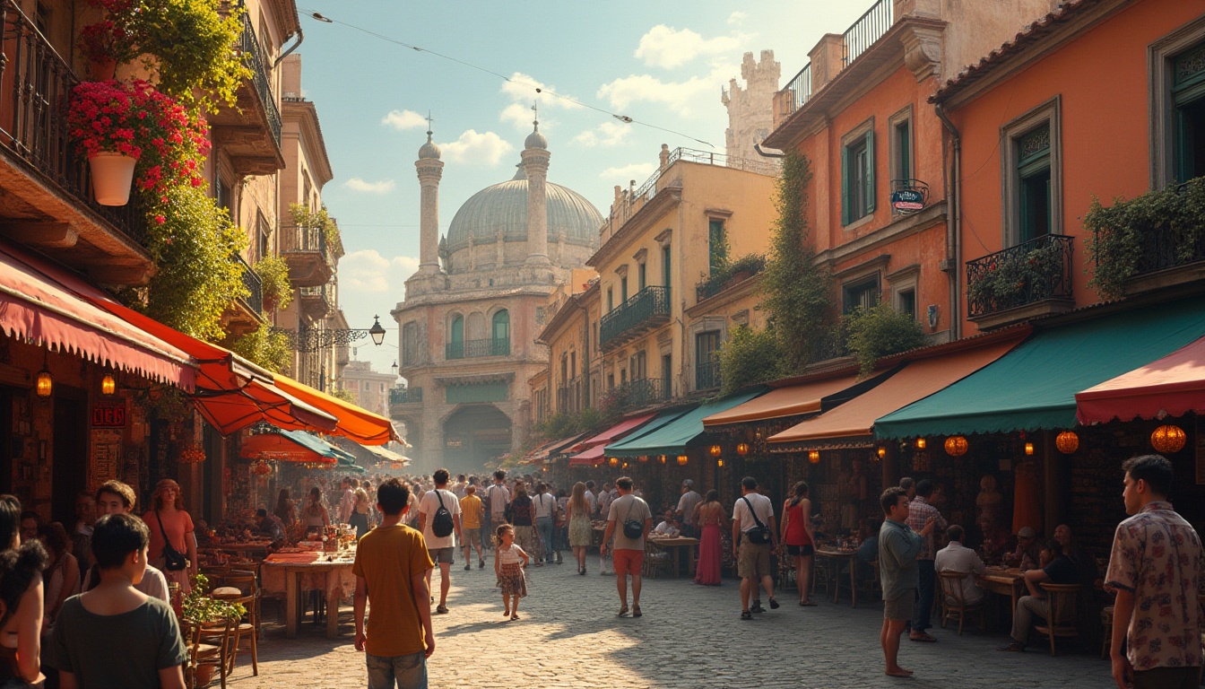 Prompt: Vibrant market square, eclectic architectural styles, ornate facades, mixed materials, wooden shutters, iron balconies, colorful awnings, lively street performers, bustling crowd scenes, warm golden lighting, shallow depth of field, 1/2 composition, cinematic angles, dramatic shadows, intricate textures, ambient occlusion.