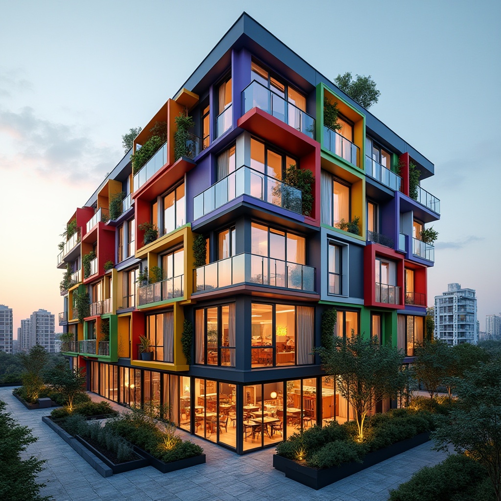 Prompt: Vibrant student residence, modern facade design, dynamic LED lighting, bold color schemes, geometric patterns, angular lines, cantilevered balconies, floor-to-ceiling windows, sliding glass doors, cozy communal lounges, sustainable energy-efficient systems, rooftop gardens, green roofs, urban skyline views, sunny day, soft warm lighting, shallow depth of field, 3/4 composition, panoramic view, realistic textures, ambient occlusion.