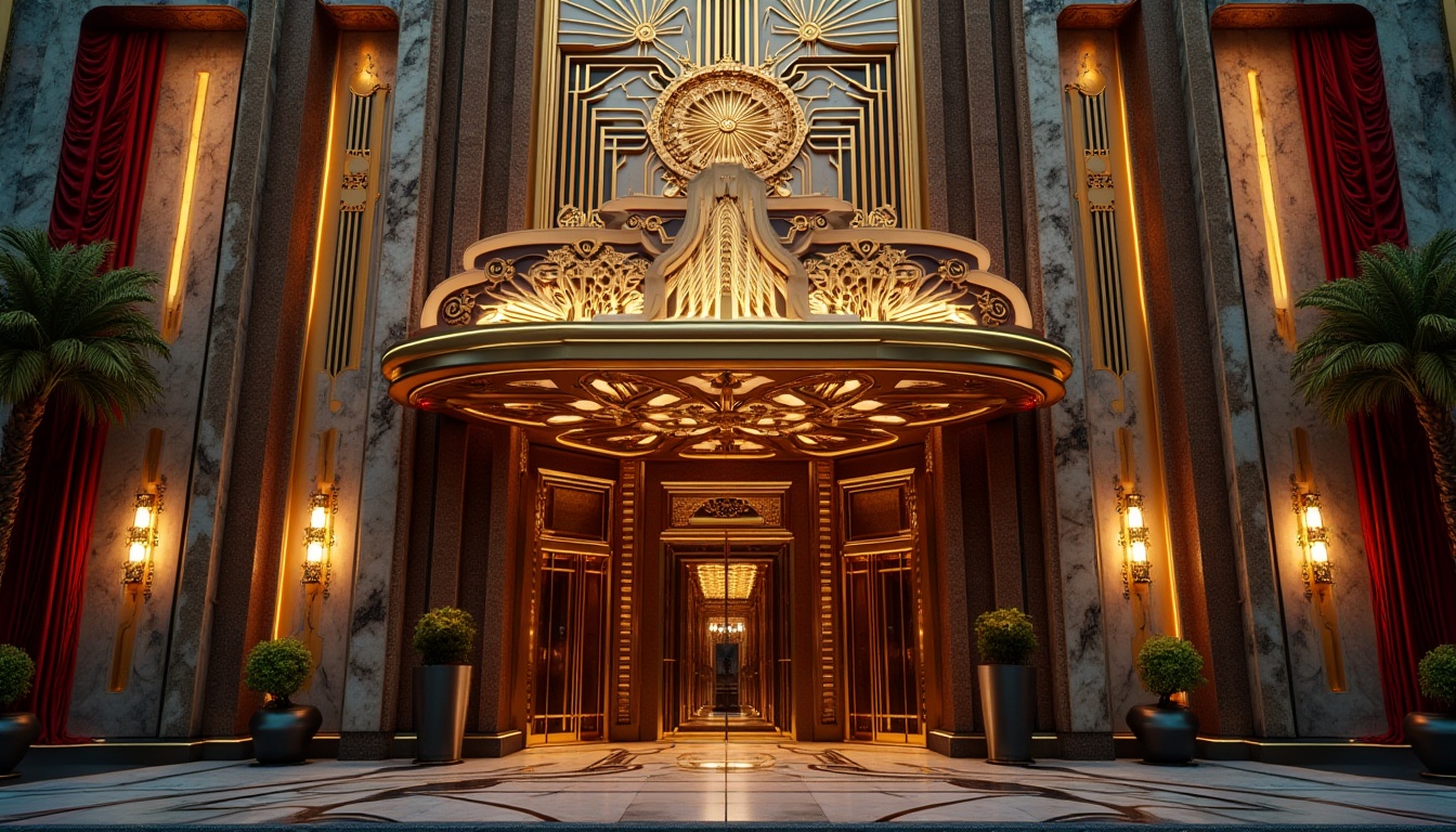 Prompt: Glamorous Art Deco building facade, ornate metalwork, luxurious gold accents, intricate geometric patterns, stylized floral motifs, chevron designs, zigzag lines, sunburst compositions, bold typography, lavish marble surfaces, rich wood paneling, ornamental sculptures, dramatic spotlights, opulent chandeliers, high-contrast lighting, cinematic shading, 1/1 composition, symmetrical framing, luxurious velvet drapes, vintage-inspired accessories.