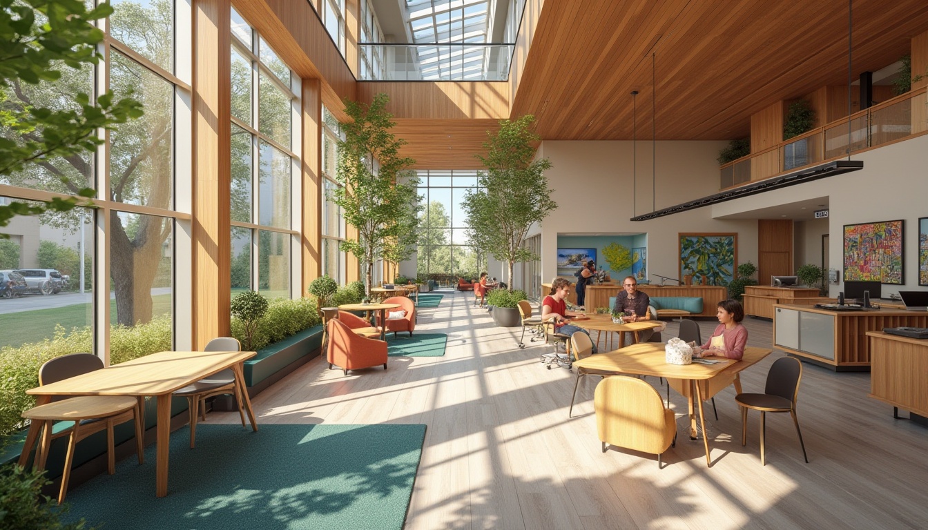 Prompt: Vibrant community center, natural light-filled atrium, wooden accents, comfortable seating areas, colorful murals, open floor plans, collaborative workspaces, modern amenities, state-of-the-art audiovisual equipment, acoustic panels, cozy reading nooks, flexible furniture arrangements, green roofs, living walls, eco-friendly materials, warm neutral color schemes, soft diffused lighting, shallow depth of field, 3/4 composition, realistic textures, ambient occlusion.