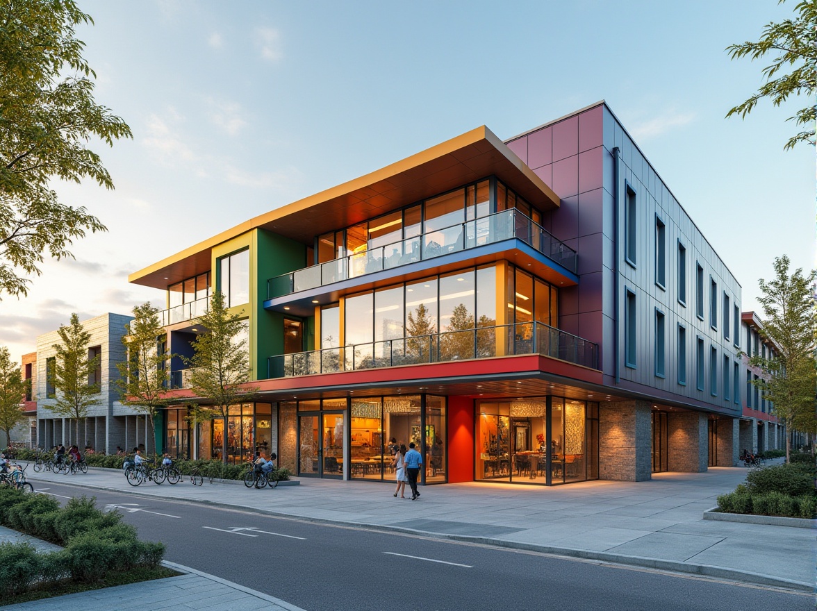 Prompt: Vibrant community center facade, dynamic angular lines, bold color schemes, glass atriums, cantilevered roofs, modern minimalist architecture, natural stone cladding, metal accents, LED lighting installations, urban cityscape, morning sunlight, shallow depth of field, 1/2 composition, realistic textures, ambient occlusion, pedestrian-friendly sidewalks, bike racks, green walls, public art installations, interactive digital displays.