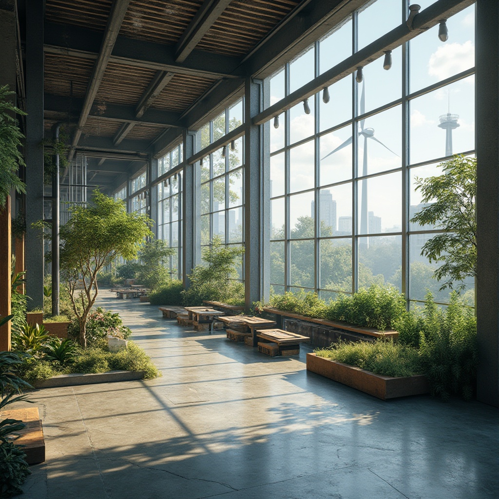 Prompt: Industrial factory building, exposed steel beams, polished concrete floors, large windows, natural ventilation systems, solar panels, wind turbines, green roofs, rainwater harvesting systems, recycling facilities, eco-friendly materials, reclaimed wood accents, living walls, urban landscape, cloudy sky, soft diffused lighting, shallow depth of field, 1/2 composition, realistic textures, ambient occlusion.