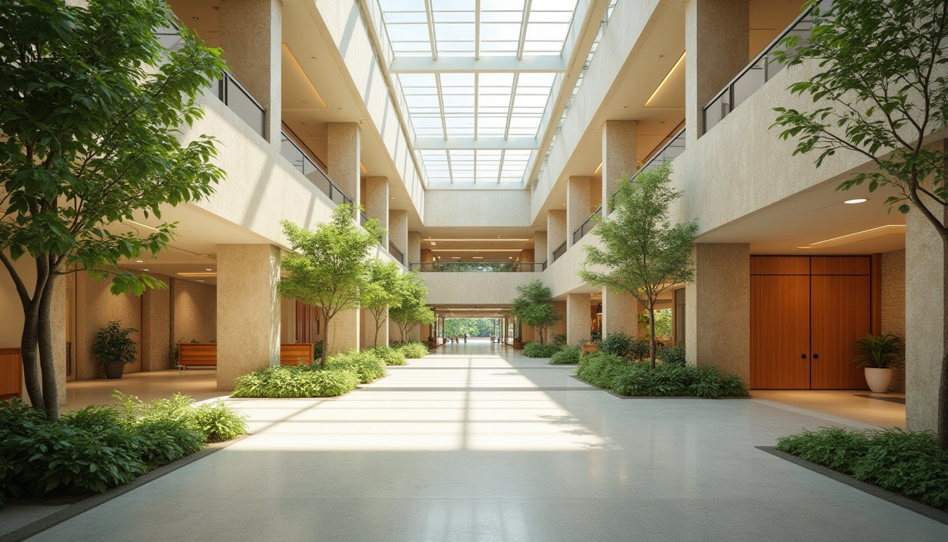 Prompt: Spacious hospital atrium, abundant greenery, natural stone walls, large skylights, clerestory windows, open wards, minimalist decor, warm beige colors, wooden accents, gentle curves, soft diffused lighting, indirect sunlight, shaded areas, solar tubes, reflective surfaces, eco-friendly materials, sustainable design, calming ambiance, serene atmosphere, 1/1 composition, shallow depth of field, realistic textures.