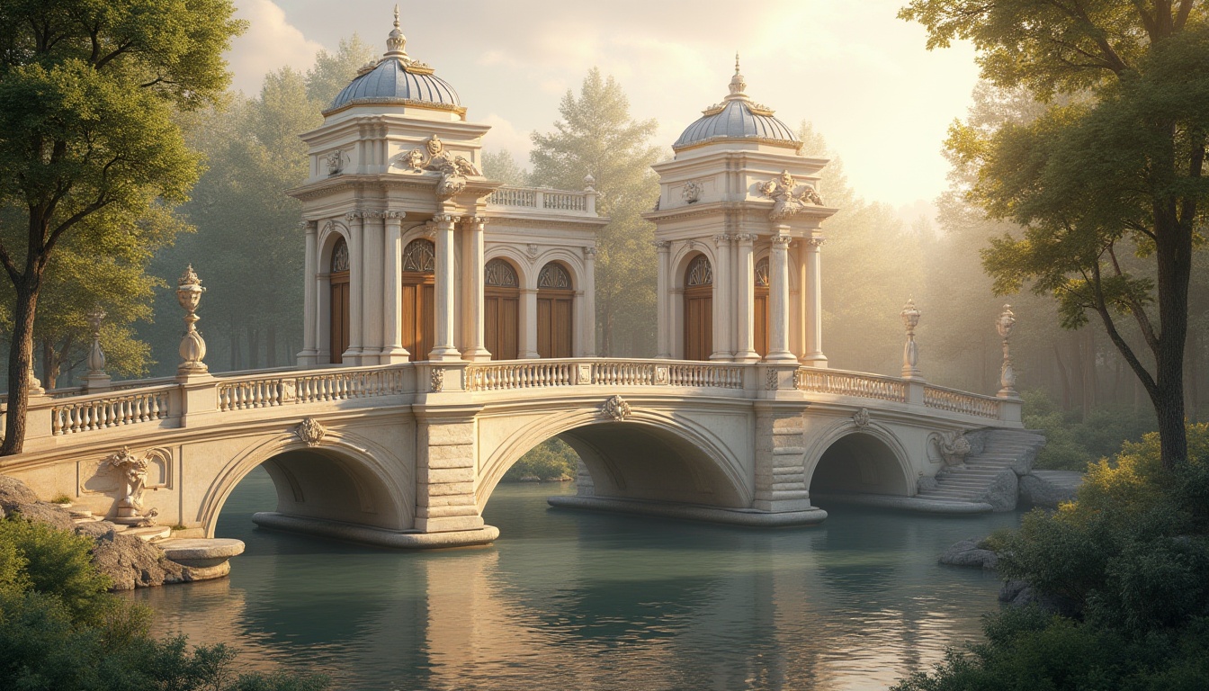 Prompt: Majestic bridge, neoclassical architecture, soft beige stone, creamy white marble, rich brown wood, elegant golden accents, subtle bronze details, ornate ironwork, refined arches, grand columns, sweeping curves, tranquil water reflections, lush greenery surroundings, misty atmospheric effects, warm sunlight casting long shadows, low-key dramatic lighting, cinematic composition, symmetrical framing, realistic textures, ambient occlusion.