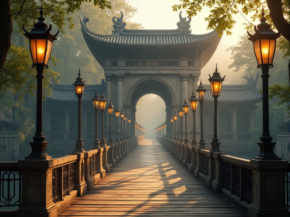 Prompt: Elegant bridge structure, archaic stone columns, ornate metal railings, rustic wooden decks, traditional lanterns, sweeping curves, grandiose scale, historic architectural references, symmetrical composition, warm golden lighting, misty atmosphere, 1/2 depth of field, cinematic view, detailed textures, ambient occlusion, serene water reflections, lush greenery surroundings.