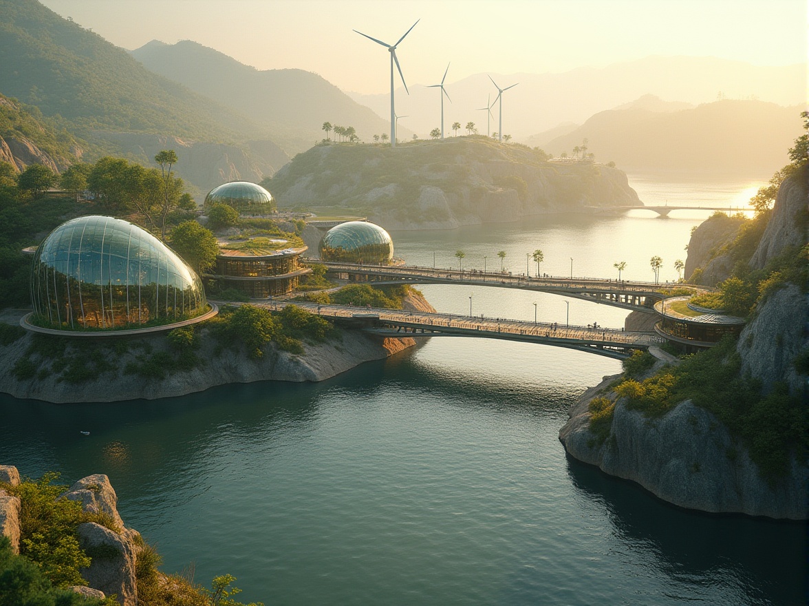 Prompt: Eco-friendly bridge, curved steel arches, recycled metal materials, energy-harvesting wind turbines, solar-powered lighting systems, green roofs, lush vegetation, natural stone foundations, minimal environmental impact, tranquil water reflections, serene misty mornings, warm golden lighting, shallow depth of field, 1/2 composition, realistic textures, ambient occlusion.