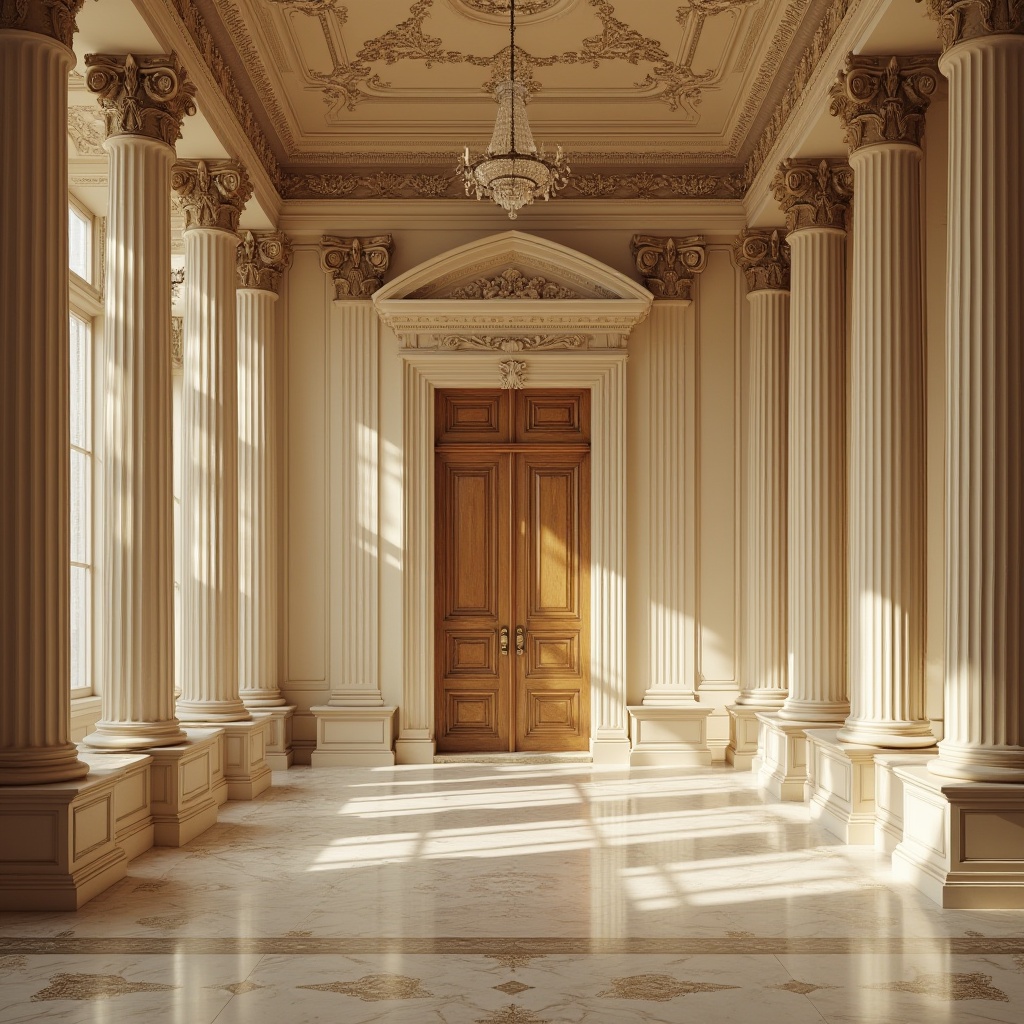 Prompt: Grandiose Neoclassical fa\u00e7ade, creamy limestone walls, ornate Corinthian columns, elegant balustrades, polished bronze door handles, rich wood paneling, intricate marble floors, decorative plaster ceilings, crystal chandeliers, soft warm lighting, shallow depth of field, 1/1 composition, realistic textures, ambient occlusion.